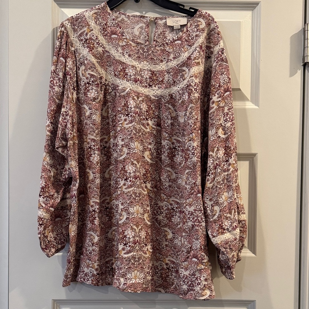 LOFT Paisley Long Sleeve Blouse - Pink and Cream